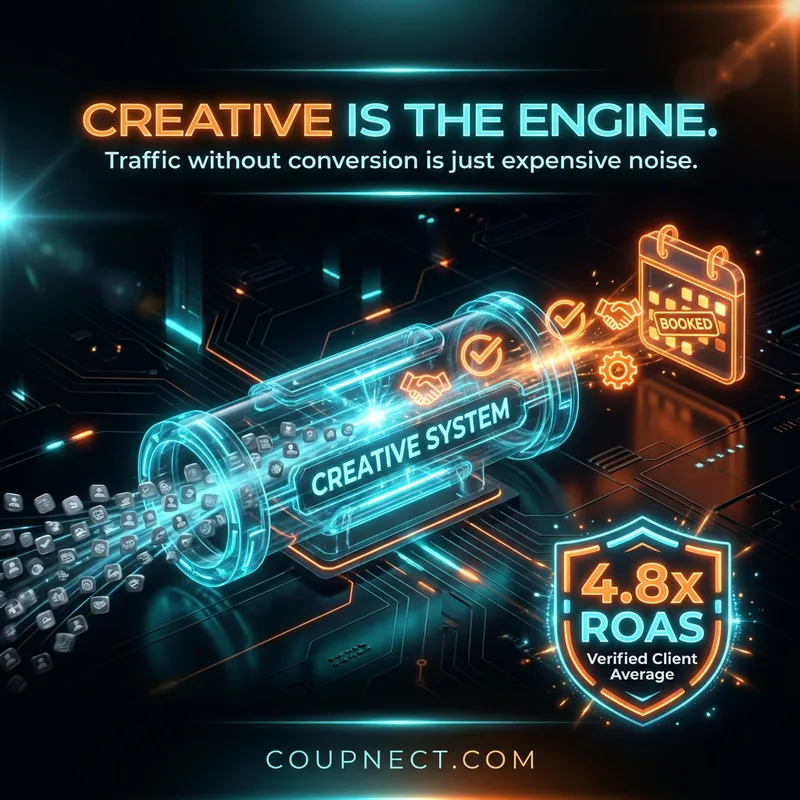 Creative-system static ad creative showing creative as the engine that delivers a 4.8x verified client ROAS