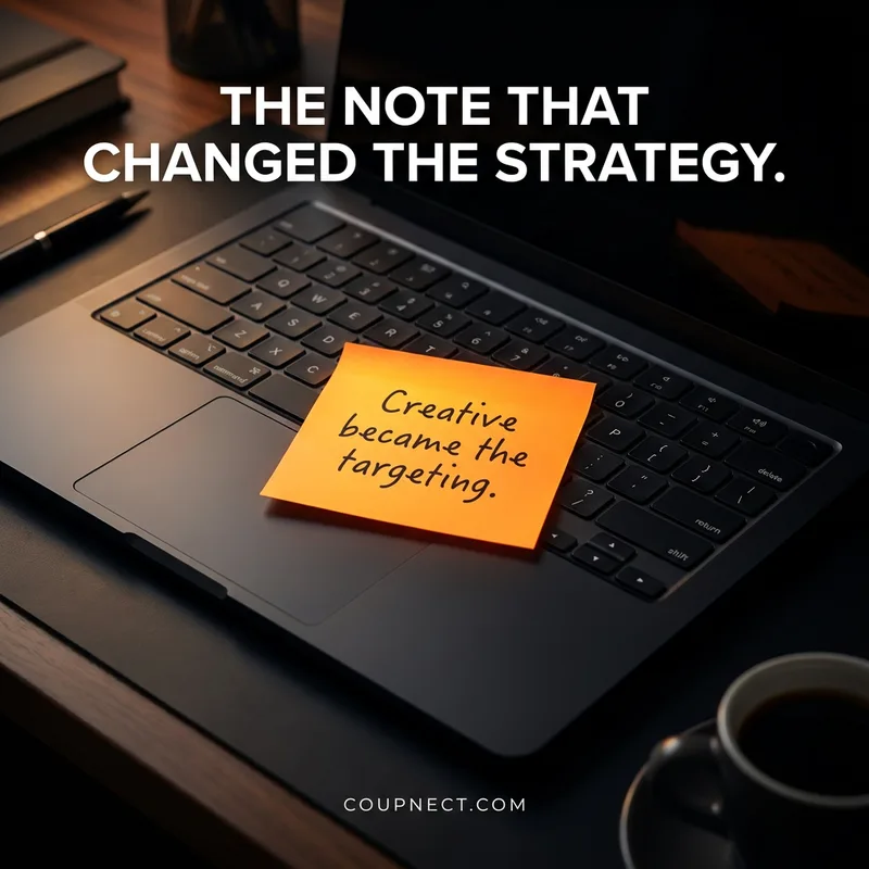 Minimalist sticky-note static ad creative with the insight that creative became the targeting
